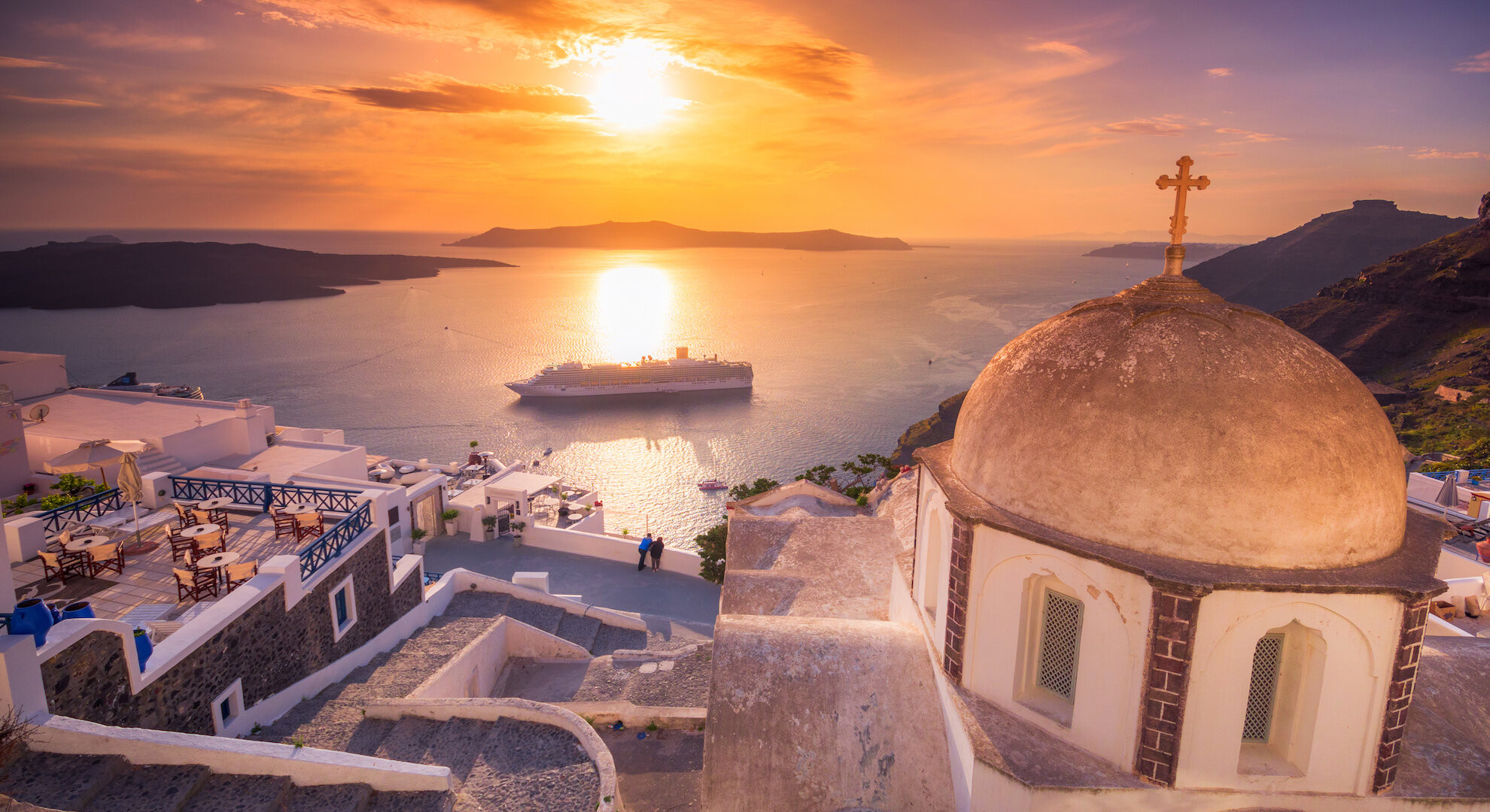 A cruise ship around Santorini